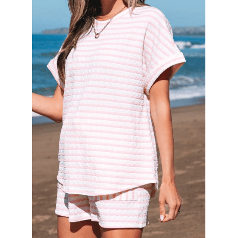 Kitzi Pink Stripe Knitted Short Sleeve Top and Drawstring Shorts Set