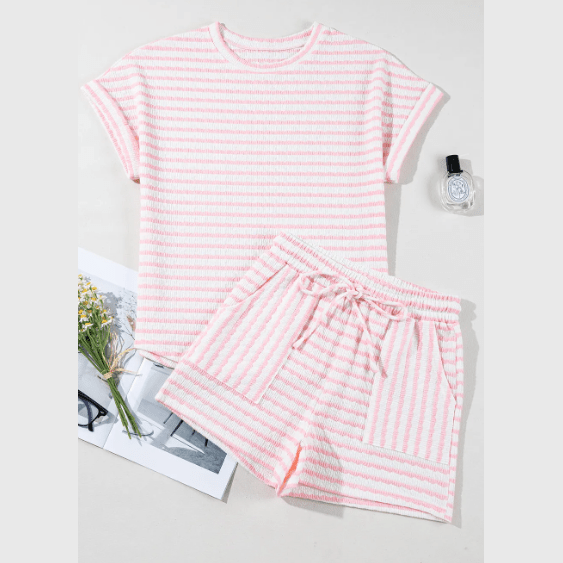 Kitzi Pink Stripe Knitted Short Sleeve Top and Drawstring Shorts Set