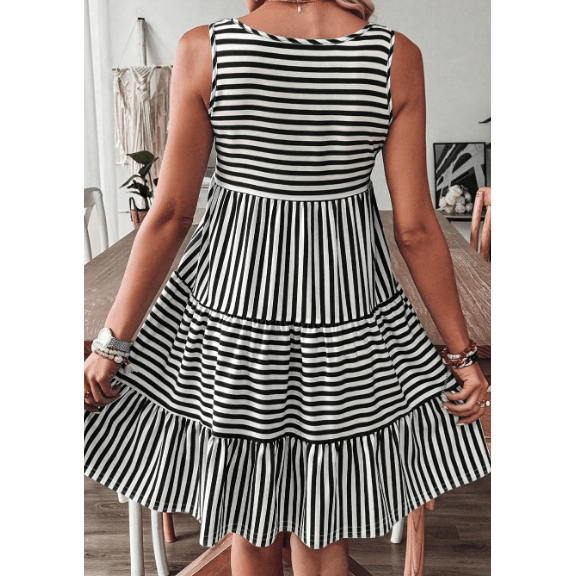 Jezzie Black Stripe U Neck Sleeveless Loose Fit Mini Dress