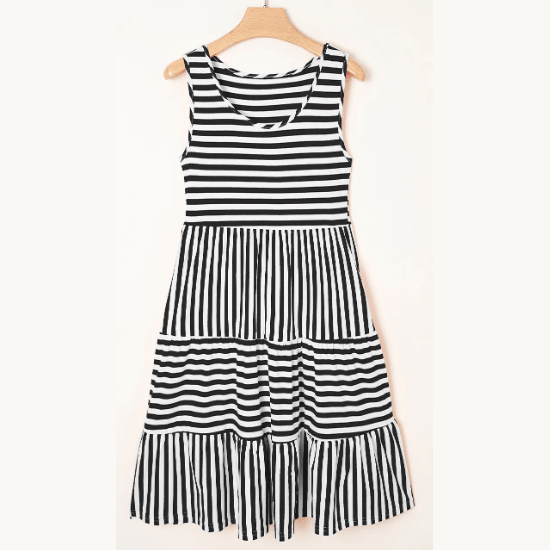 Jezzie Black Stripe U Neck Sleeveless Loose Fit Mini Dress