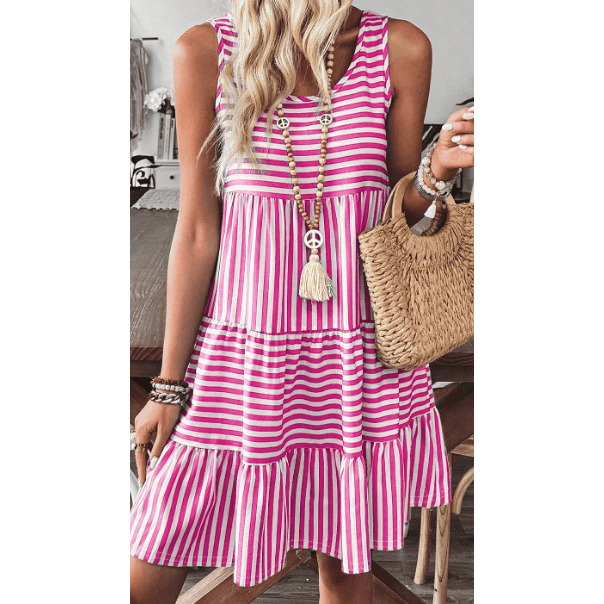Jezzie Pink Stripe U Neck Sleeveless Loose Fit Mini Dress