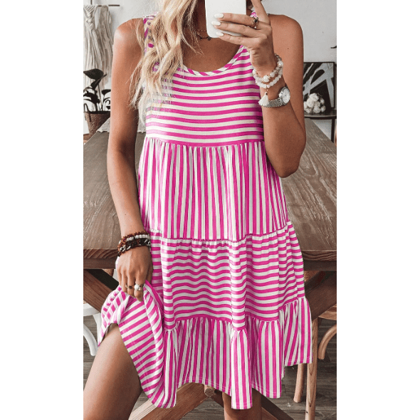 Jezzie Pink Stripe U Neck Sleeveless Loose Fit Mini Dress