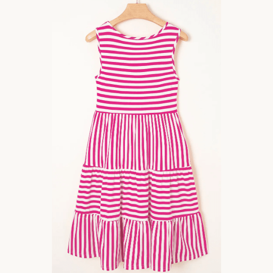 Jezzie Pink Stripe U Neck Sleeveless Loose Fit Mini Dress