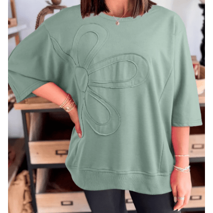 Poli Green Floral Patched Half Sleeve Tunic Top