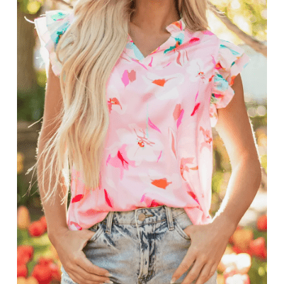 Laquitta Floral Patchwork Notched Neck Flutter Sleeve Blouse