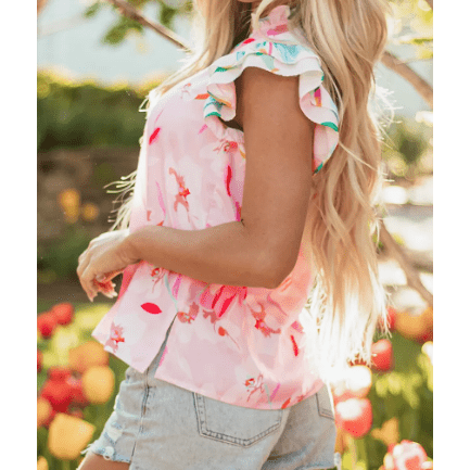 Laquitta Floral Patchwork Notched Neck Flutter Sleeve Blouse