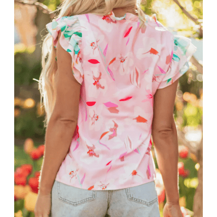 Laquitta Floral Patchwork Notched Neck Flutter Sleeve Blouse