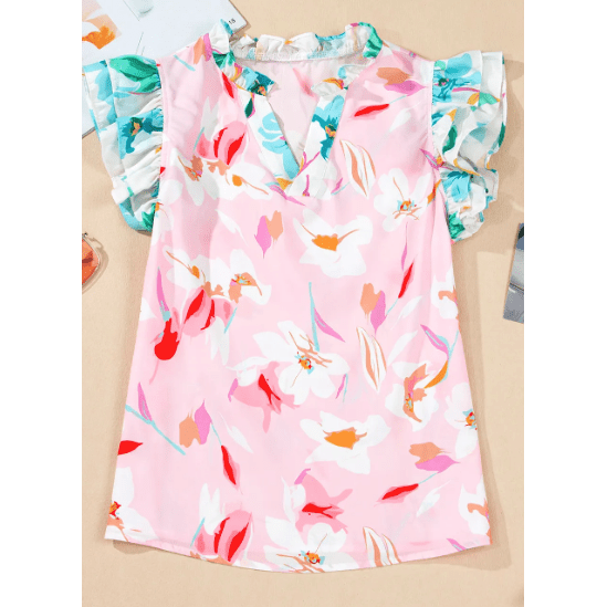 Laquitta Floral Patchwork Notched Neck Flutter Sleeve Blouse