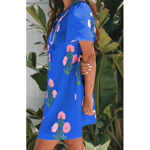 Carlette Blue Floral Short Sleeve Split Neck Loose Mini Dress
