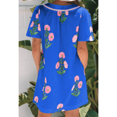Carlette Blue Floral Short Sleeve Split Neck Loose Mini Dress