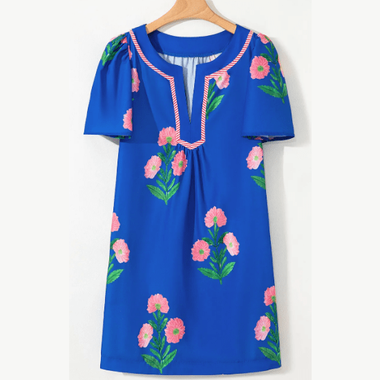 Carlette Blue Floral Short Sleeve Split Neck Loose Mini Dress