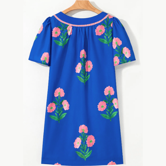Carlette Blue Floral Short Sleeve Split Neck Loose Mini Dress
