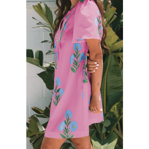 Carlette Pink Floral Short Sleeve Split Neck Loose Mini Dress