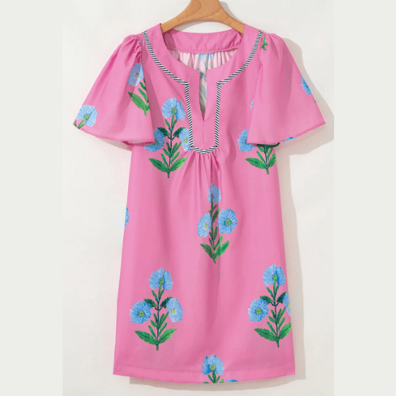 Carlette Pink Floral Short Sleeve Split Neck Loose Mini Dress