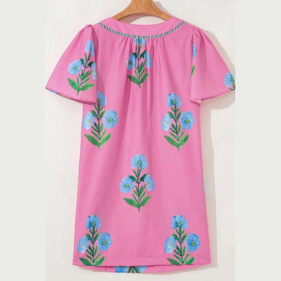 Carlette Pink Floral Short Sleeve Split Neck Loose Mini Dress