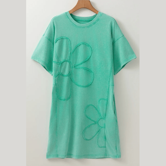 Buffy Mint Green Mineral Wash Flower Patchwork Mini T Shirt Dress
