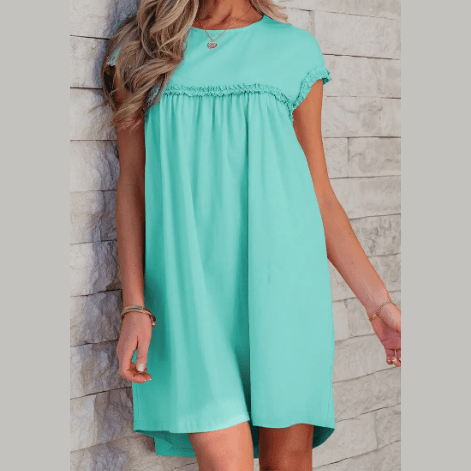 Jaiden Mint Frilled Trim Crew Neck Loose Fit Mini Dress
