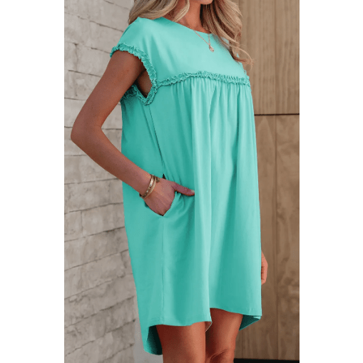 Jaiden Mint Frilled Trim Crew Neck Loose Fit Mini Dress