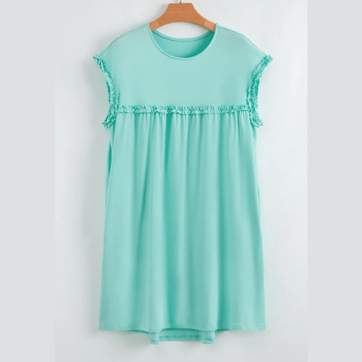 Jaiden Mint Frilled Trim Crew Neck Loose Fit Mini Dress