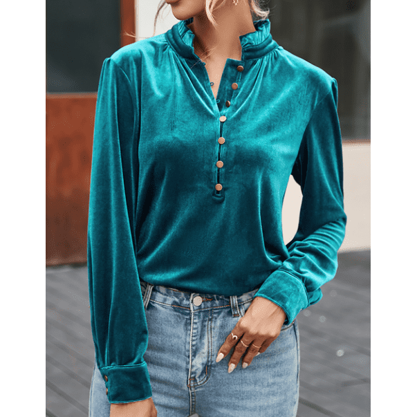 Evalyn Green Frilled Neck Buttoned Front Velvet Top