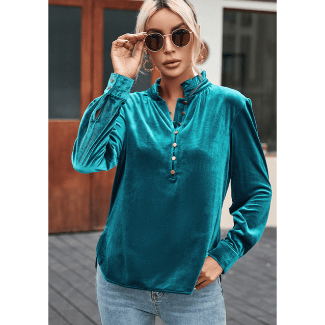 Evalyn Green Frilled Neck Buttoned Front Velvet Top