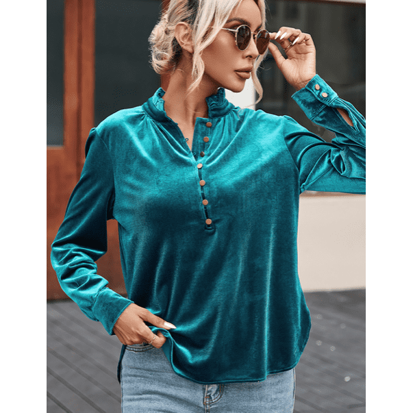Evalyn Green Frilled Neck Buttoned Front Velvet Top