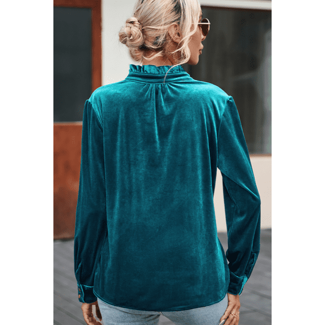 Evalyn Green Frilled Neck Buttoned Front Velvet Top