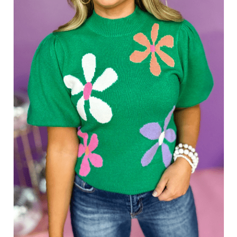 REDUCED!!!! Patrice Bright Green Floral Bubble Short Sleeve Sweater REDUCED!!!