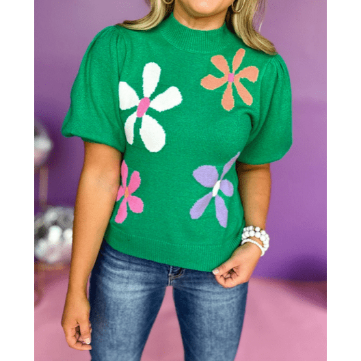 REDUCED!!!! Patrice Bright Green Floral Bubble Short Sleeve Sweater REDUCED!!!
