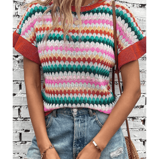 REDUCED!!!  Carlisha Red Trimmed Ruffle Sleeve Colorful Textured Sweater  REDUCED!!!