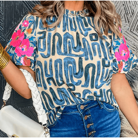 Lex Blue Embroidered Puff Sleeve Frilled Neck Printed Top