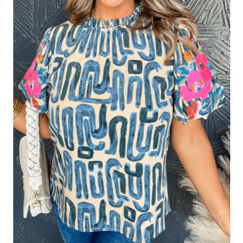 Lex Blue Embroidered Puff Sleeve Frilled Neck Printed Top