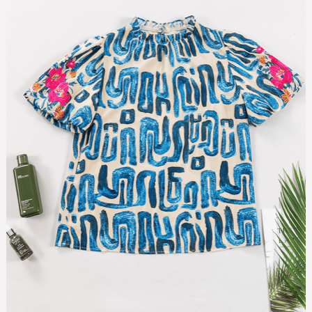 Lex Blue Embroidered Puff Sleeve Frilled Neck Printed Top