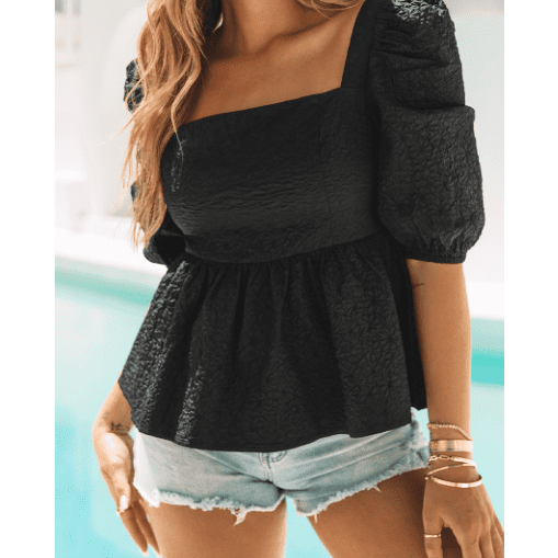 Gracen Black Textured Square Neck Puff Sleeve Peplum Blouse