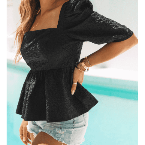 Gracen Black Textured Square Neck Puff Sleeve Peplum Blouse