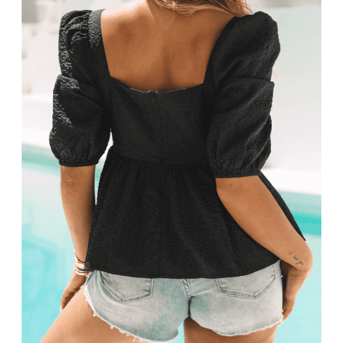 Gracen Black Textured Square Neck Puff Sleeve Peplum Blouse