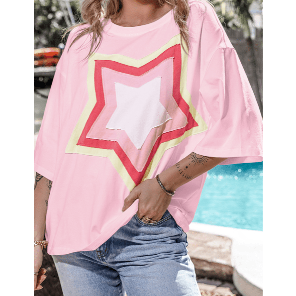 REDUCED!!! Joan Light Pink Colorblock Star Patched Half Sleeve Oversized Tee REDUCED!!!