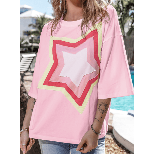 REDUCED!!! Joan Light Pink Colorblock Star Patched Half Sleeve Oversized Tee REDUCED!!!