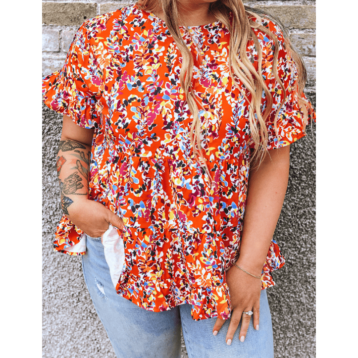 SALE!!! Tati Orange Floral Printed Ruffle Sleeve PLUS SIZE Babydoll Blouse SALE!!!