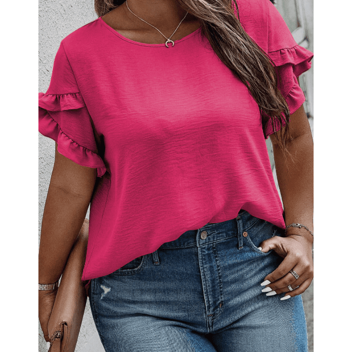 REDUCED!!!Shanae Bright Pink Ruffled Short Sleeve PLUS SIZE Top REDUCED!!!
