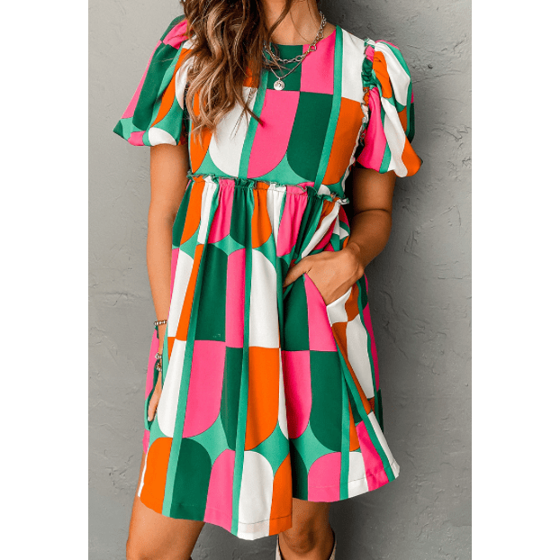 REDUCED!!! Harper Green Abstract Print Puff Sleeve Short Dress REDUCED!!!