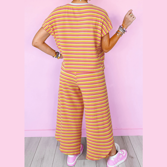 REDUCED!!! Kinslee Yellow Stripe Rainbow Tee Tasseled String Wide Leg Pants Set REDUCED!!!
