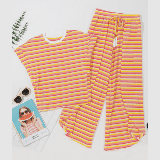 REDUCED!!! Kinslee Yellow Stripe Rainbow Tee Tasseled String Wide Leg Pants Set REDUCED!!!