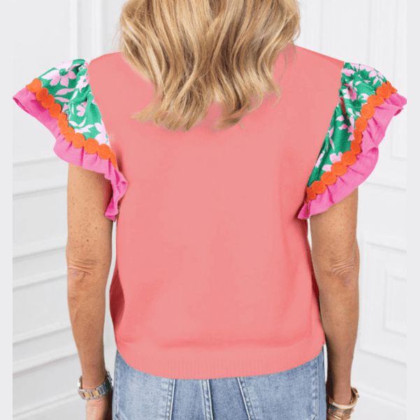 REDUCED!!! Kloe Peach Blossom Contrast Ricrac Floral Sleeve Top REDUCED!!!