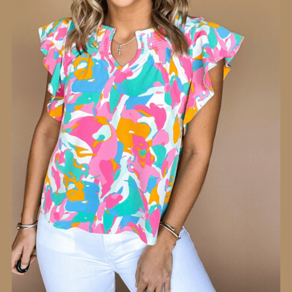Chrystal Multicolour Abstract Print Notched Neck Flutter Sleeve Blouse