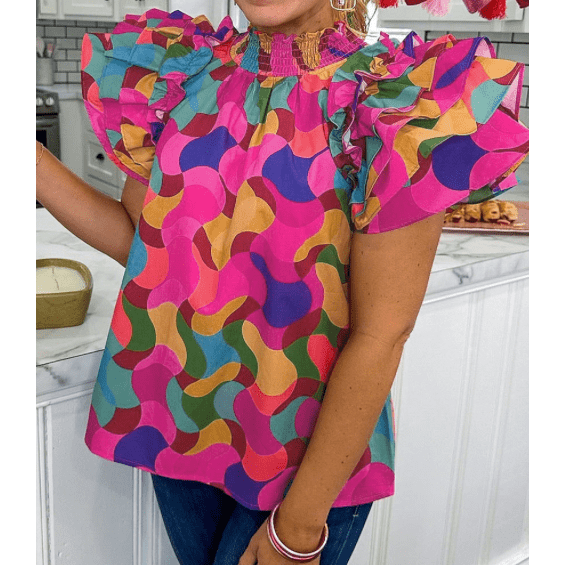 REDUCED!!!! Shecora Dramatic Ruffle Sleeve Smock Neck Wavy Print Top REDUCED!!!