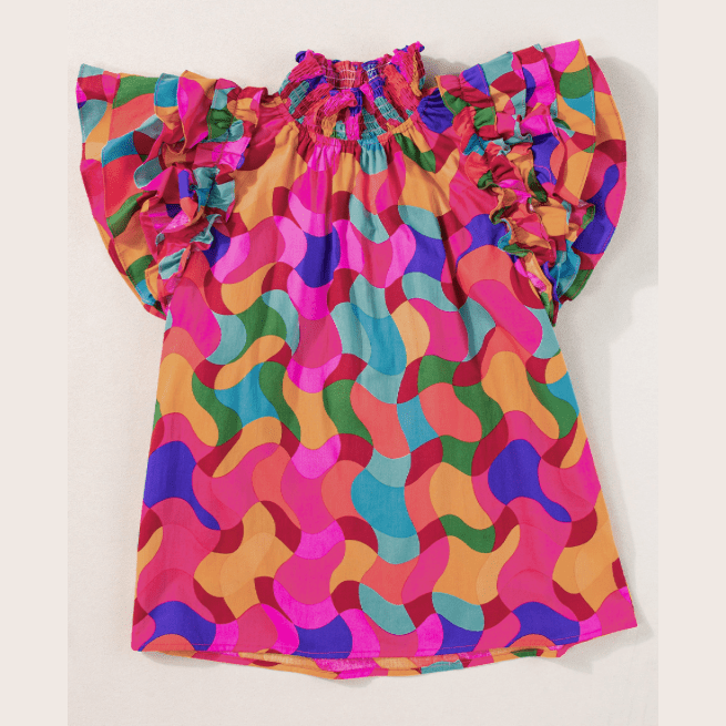 REDUCED!!!! Shecora Dramatic Ruffle Sleeve Smock Neck Wavy Print Top REDUCED!!!