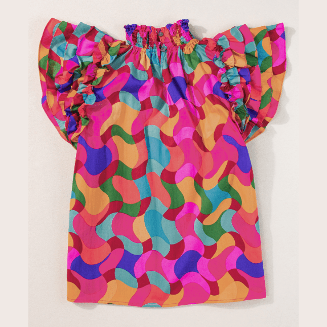 REDUCED!!!! Shecora Dramatic Ruffle Sleeve Smock Neck Wavy Print Top REDUCED!!!
