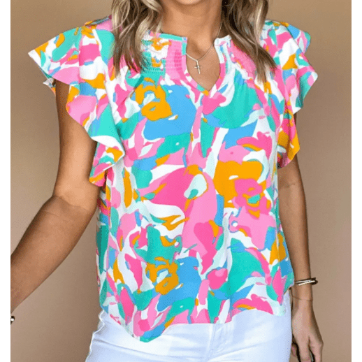 Chrystal Multicolour Abstract Print Notched Neck Flutter Sleeve Blouse
