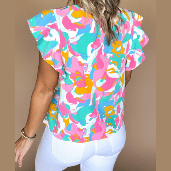 Chrystal Multicolour Abstract Print Notched Neck Flutter Sleeve Blouse